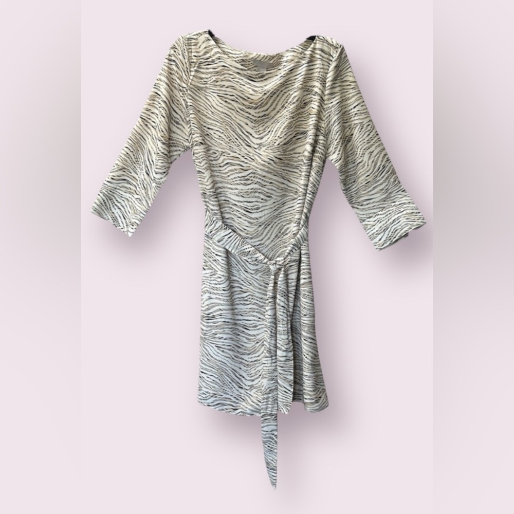 NWT H&M Zebra Tiger Animal Print Belted Midi Shift Dress Cream Brown Size M